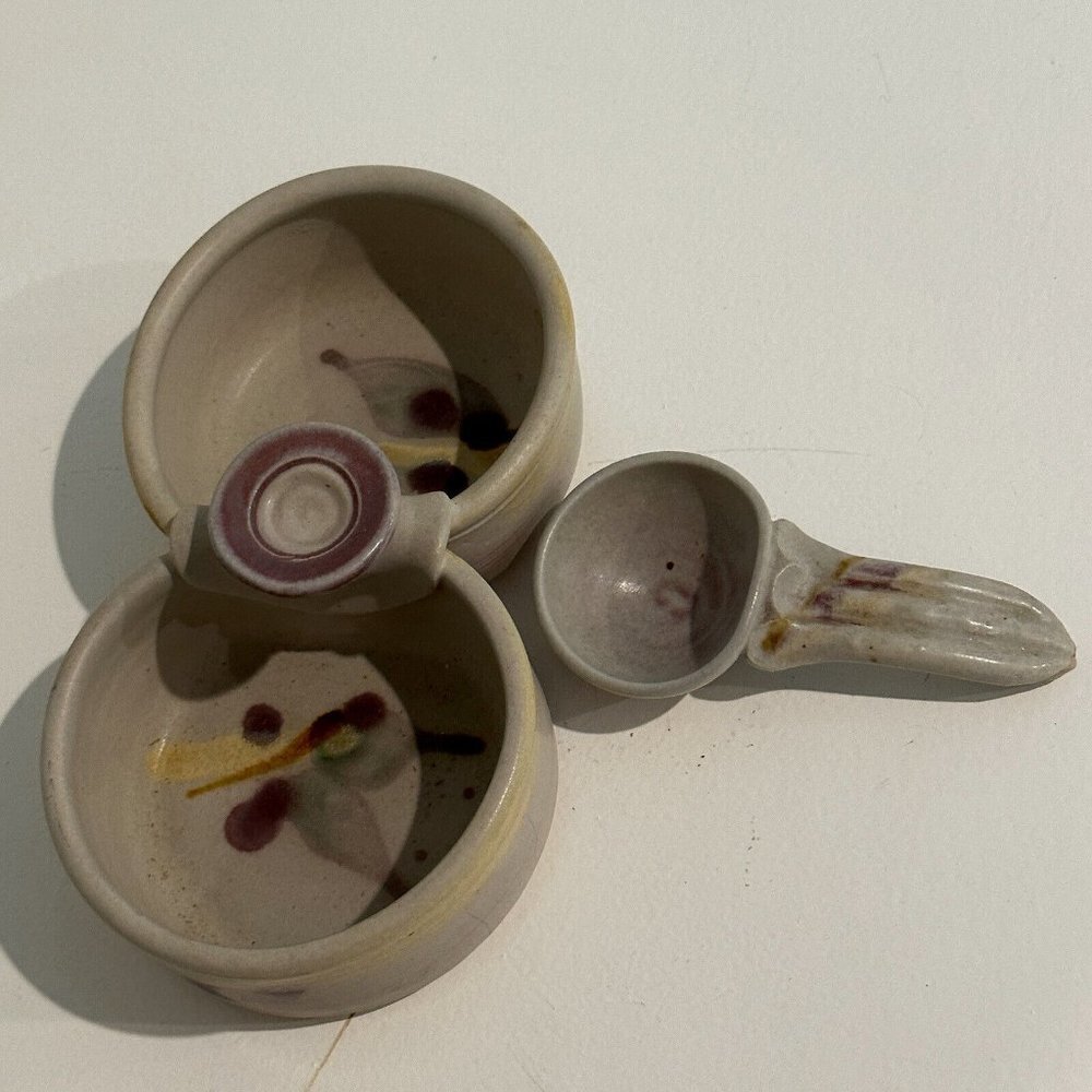 Dual Dish Bowl 7 Inch Spoon Stoneware Pottery‎ Handcrafted Condiment Dip Handle